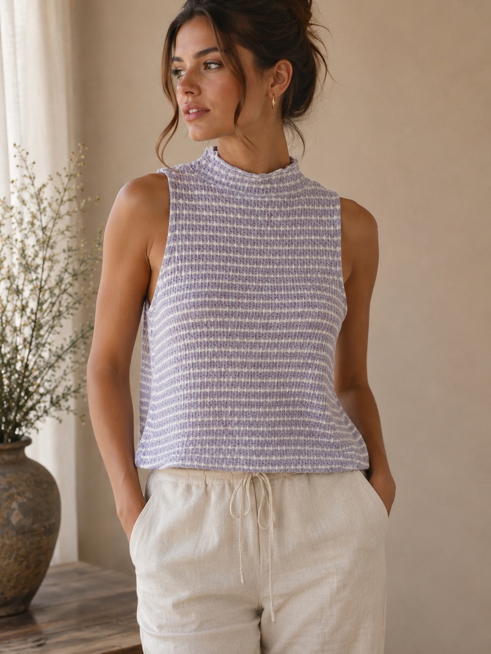Free People Striped Mock Neck Tank - Lilac & White